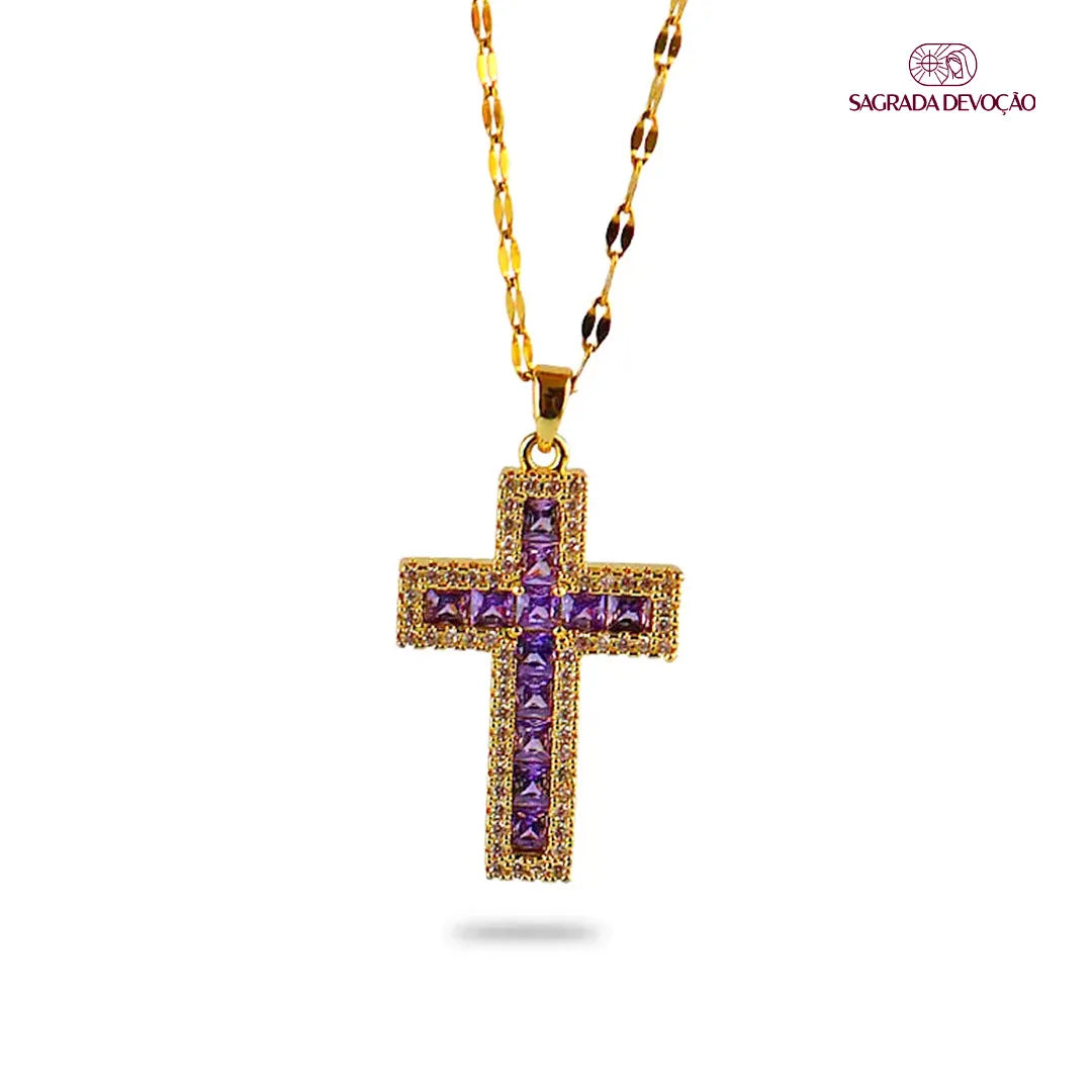 Colar de Cruz Cravejada em Prata 925 e Ouro 14K