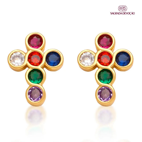 Brinco de Cruz com Zircônias Coloridas – Glamour e Destaque